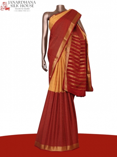 Exclusive Zari Checks Half and Half Mysore Crepe Silk Saree-Double Pallu 